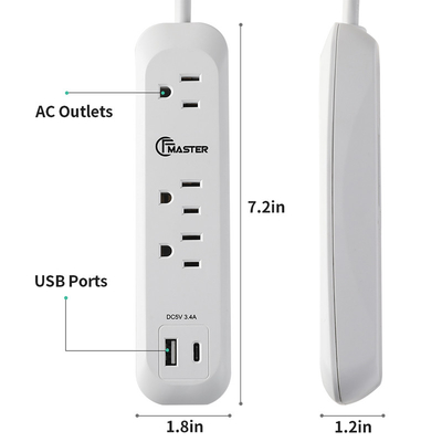 4 outlet Power Socket 1.5FT Cord, 2 USB Surge Protector, Power Charge
