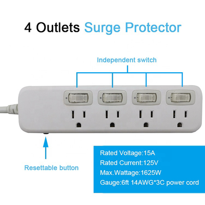 4 outlet Power Socket 1.5FT Cord, Overload Protector, Individual Switches