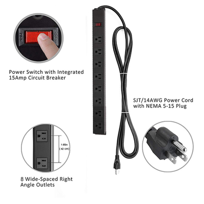 8 outlet Metal America Type Extension Socket With On/Off Switch, Surge 1000J