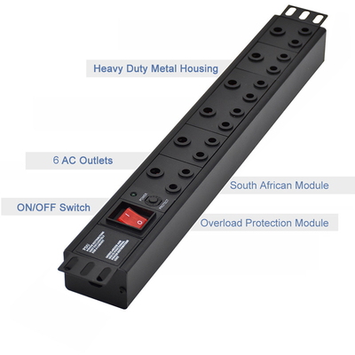 6 Way South Africa Type PDU Extension Socket With On/Off Switch, Overload Protector