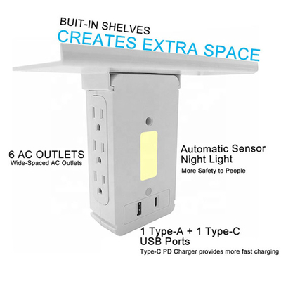 Wall Power Socket with Surge Protector ETL cETL Passed 6 Outlets Type A Typa C Automatic Night Light